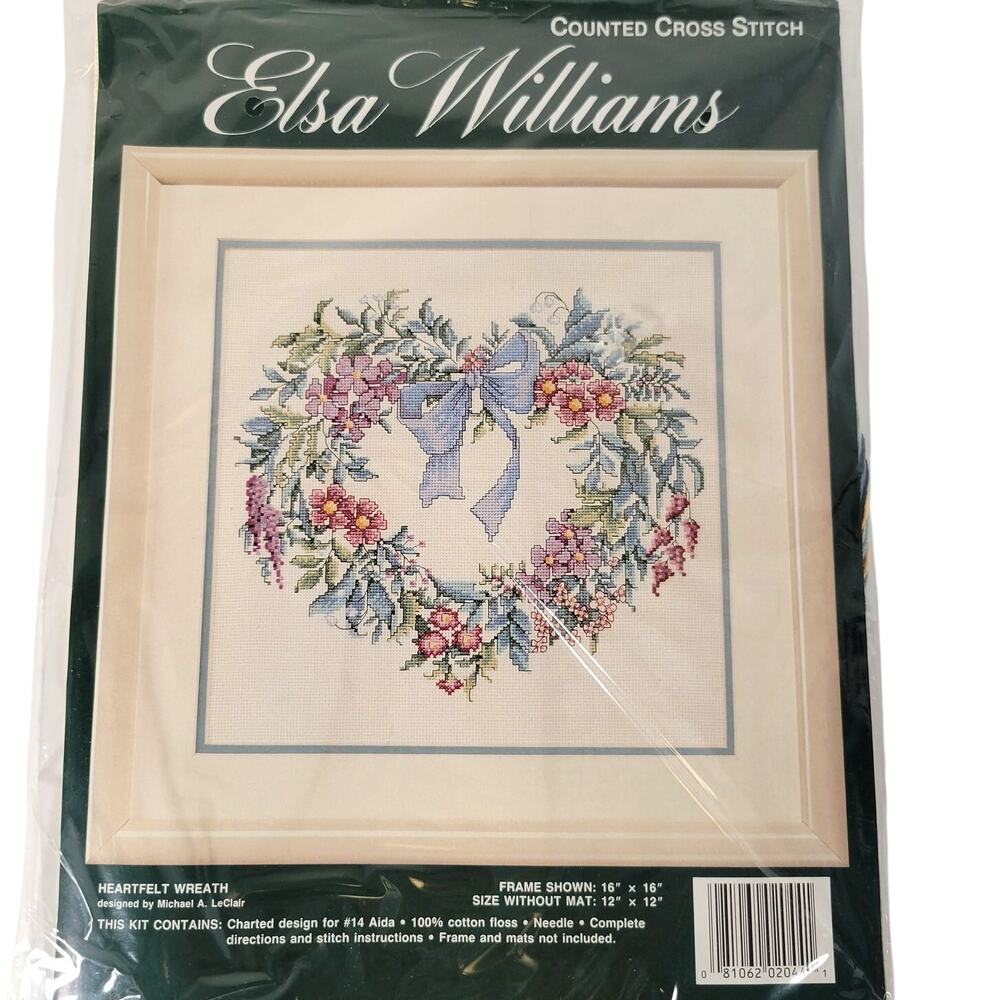 Elsa Williams Heartfelt Wreath Counted Cross-Stitch Kit Floss Needle Instruction